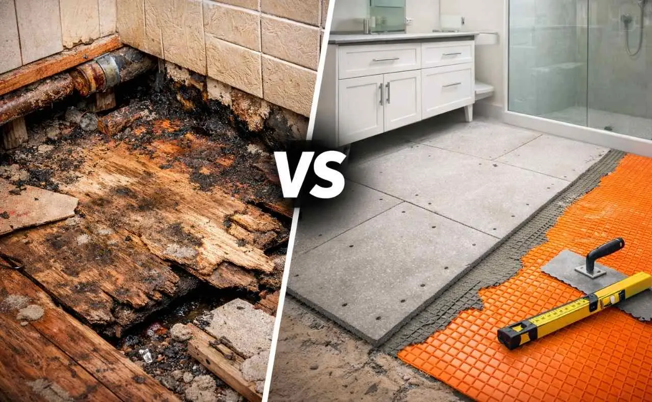 Damaged wood subfloor versus moisture-stable alternative flooring installation in bathroom renovation.