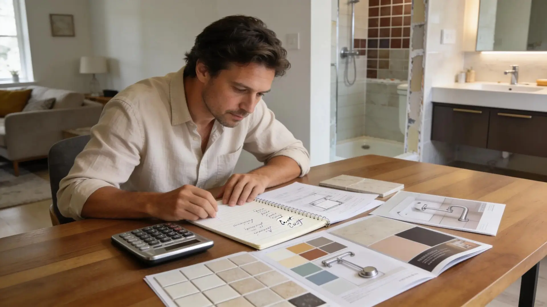 Homeowner budgeting for bathroom renovation with tools like notepad and calculator