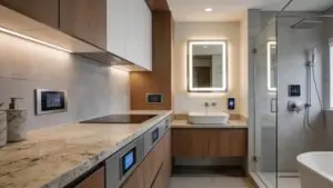Modern kitchen and bathroom renovation featuring custom cabinetry and smart home technology