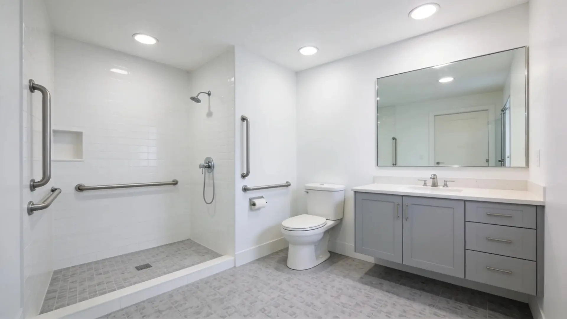 Accessible bathroom design featuring walk-in shower with grab bars and comfort-height toilet