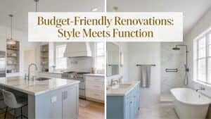 Kitchen and bathroom renovation showcasing stylish cabinetry and countertops emphasizing effective budgeting