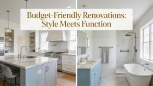 Kitchen and bathroom renovation showcasing stylish cabinetry and countertops emphasizing effective budgeting