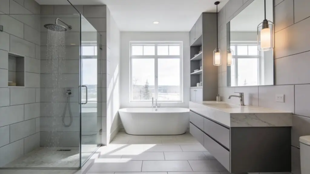 Stunning modern bathroom renovation with contemporary design elements and natural lighting