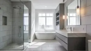 Stunning modern bathroom renovation with contemporary design elements and natural lighting