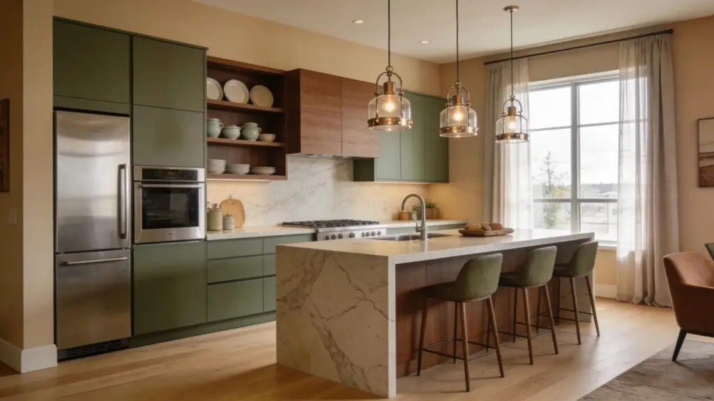 Modern kitchen showcasing sleek cabinetry and quartz countertops, embodying contemporary design trends