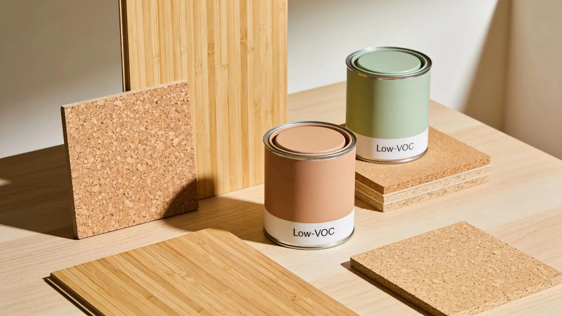 Eco-friendly renovation materials including bamboo and cork demonstrating sustainable choices