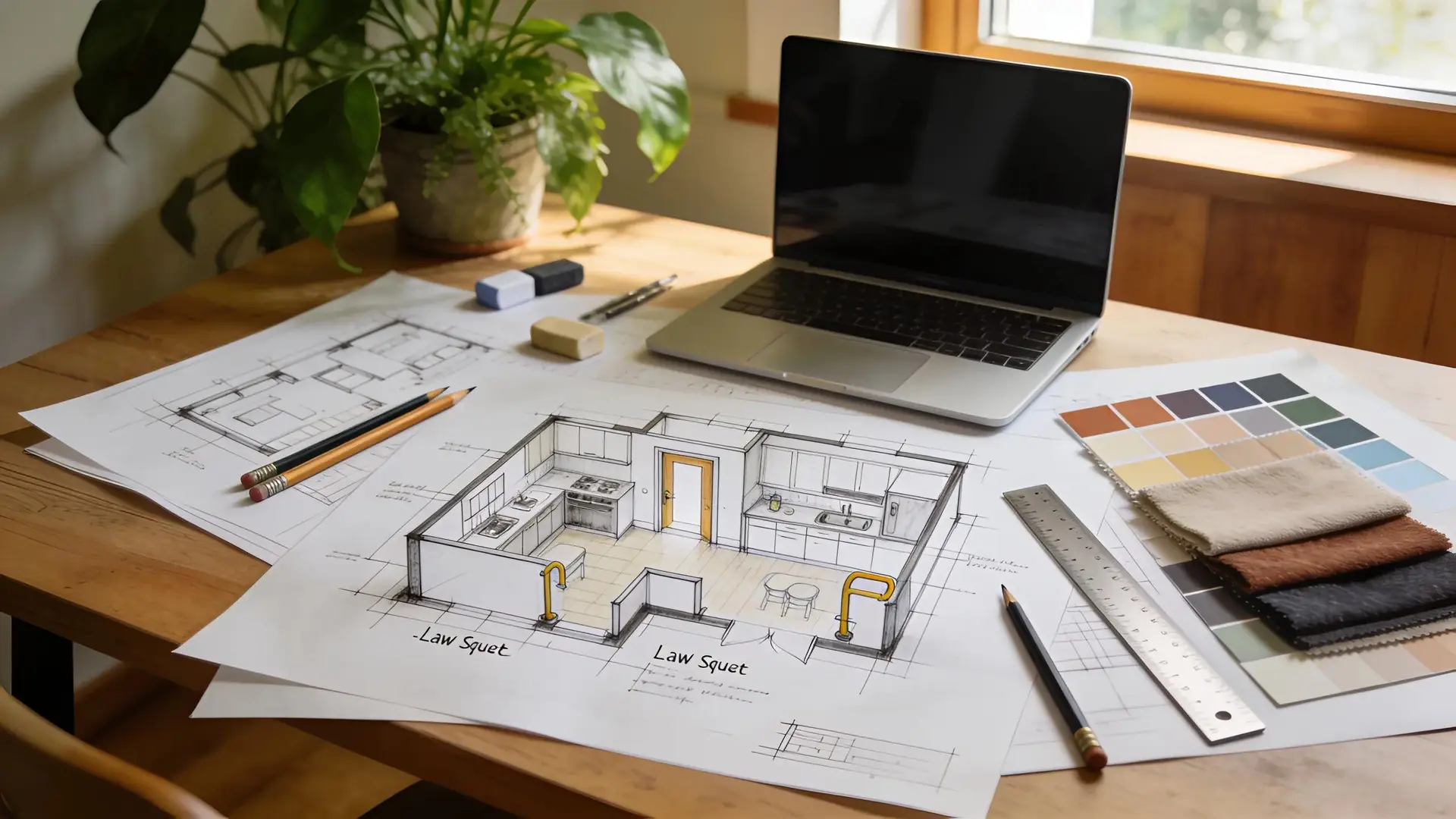 In-law suite design options displayed on a table in a home office setting