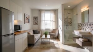 Cozy in-law suite interior with kitchenette and living area showcasing multigenerational living
