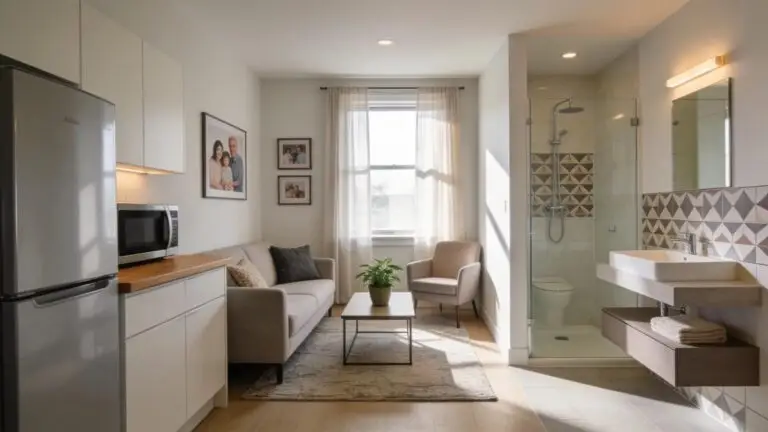 Cozy in-law suite interior with kitchenette and living area showcasing multigenerational living