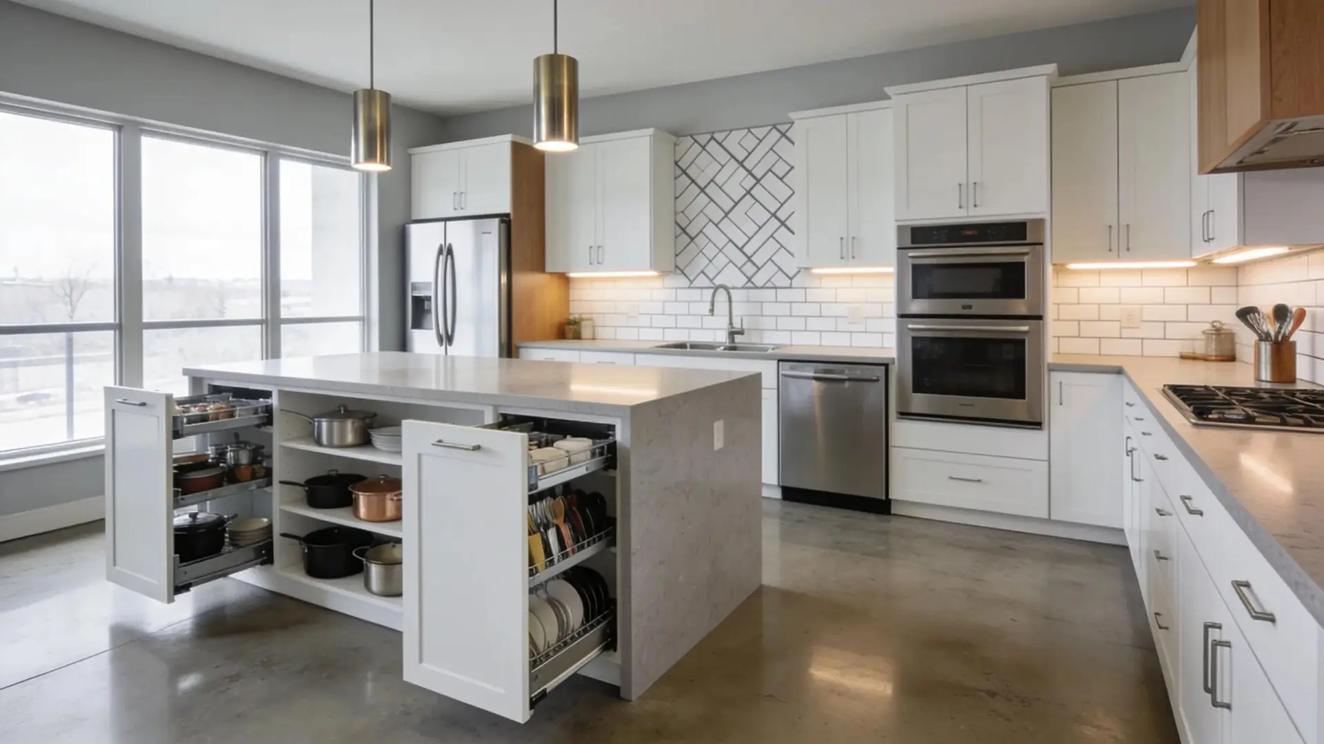 Well-planned kitchen layout with an island and storage solutions focusing on functionality and usability