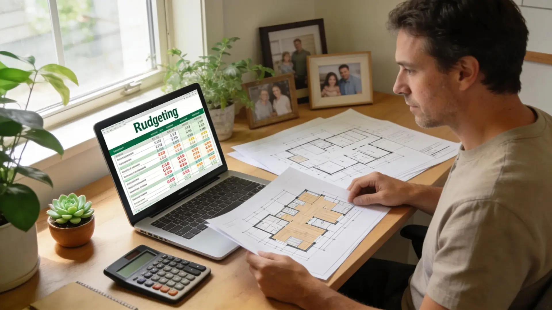 Homeowner managing renovation budgeting for in-law suite construction in a home office