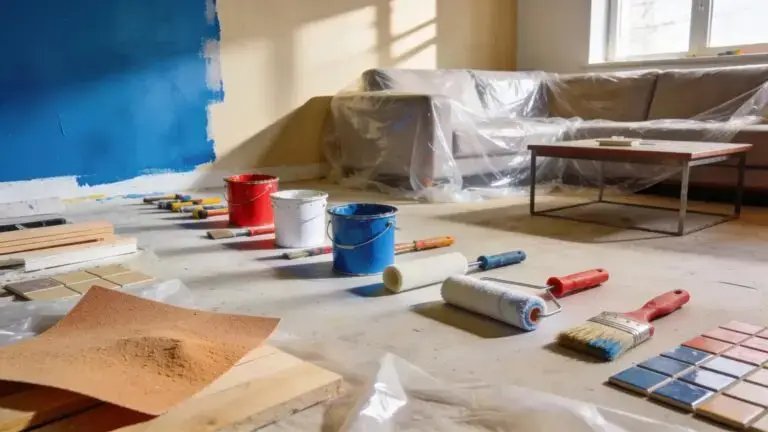 Living room renovation scene with tools and materials showcasing home improvement process