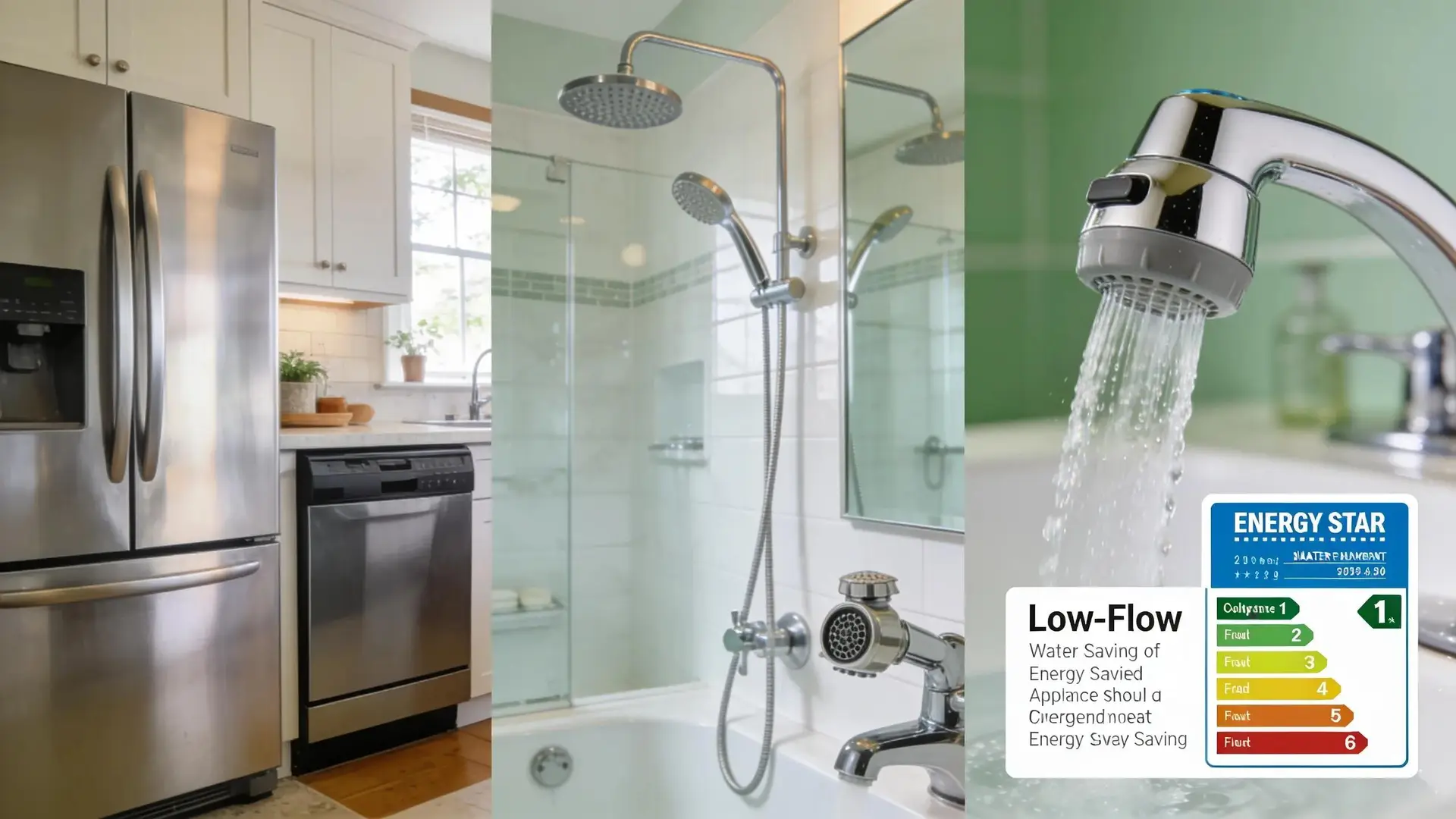 Energy-efficient home upgrades featuring low-flow fixtures and appliances in modern kitchen and bathroom