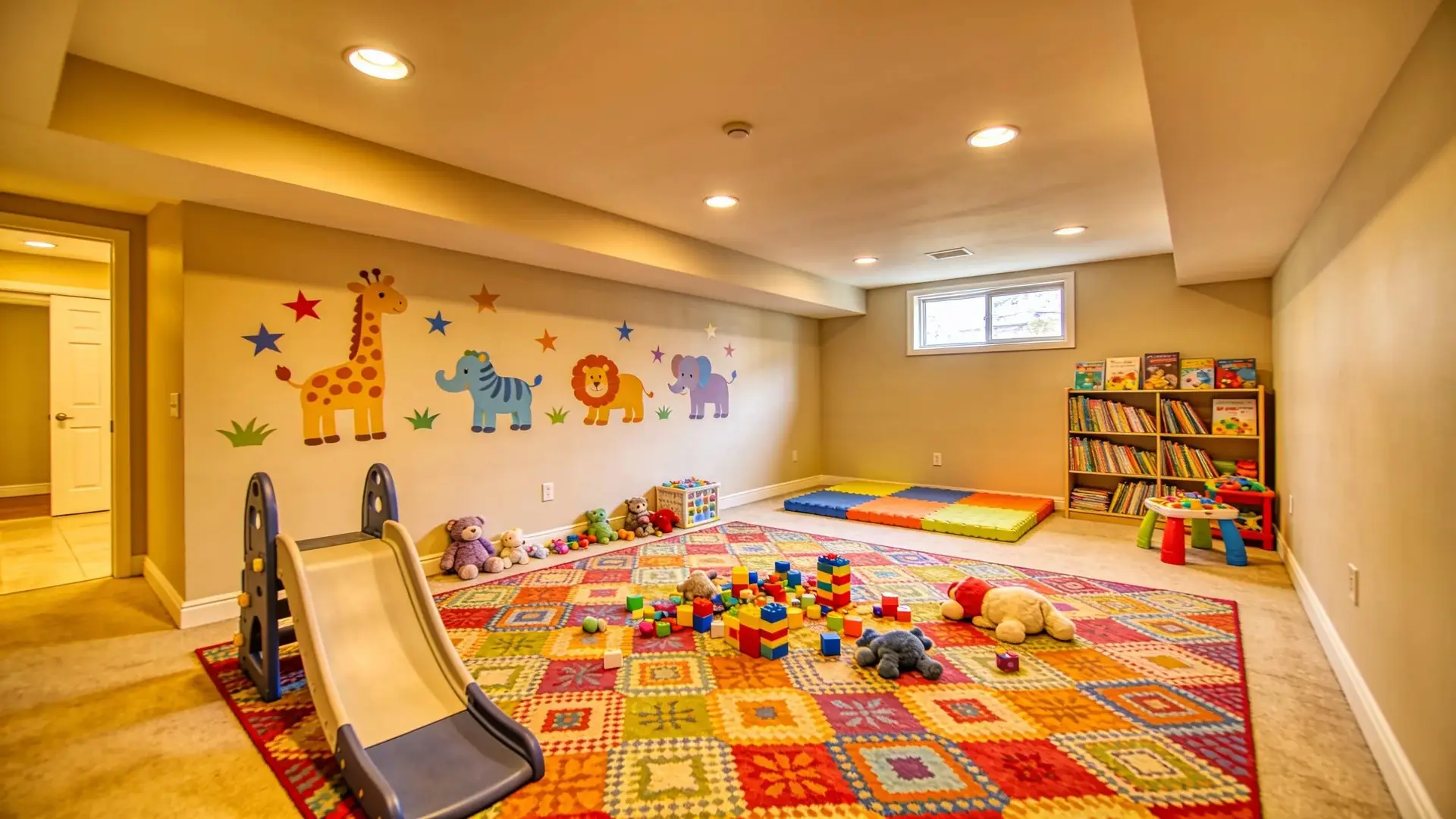 Child's play area design in a renovated basement showcasing vibrant decor