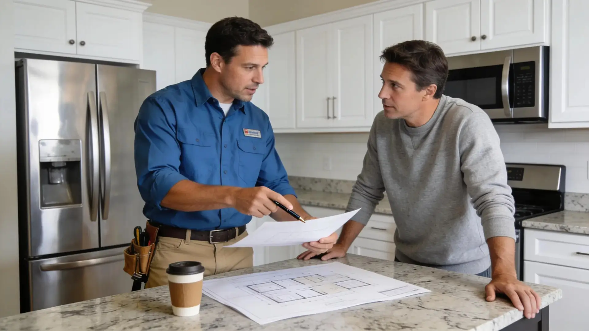 Kitchen renovation consultation between contractor and homeowner