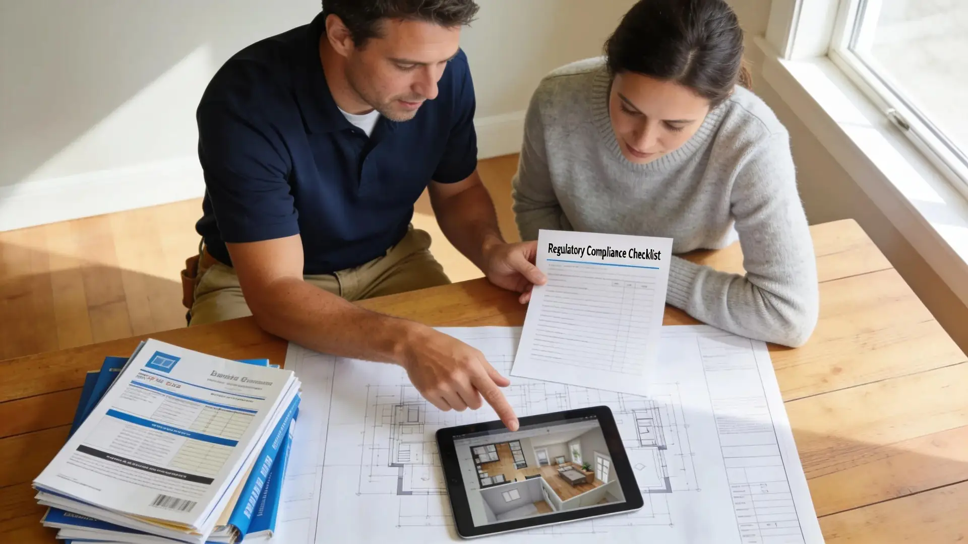 Contractor assisting homeowner with renovation plans and regulatory compliance