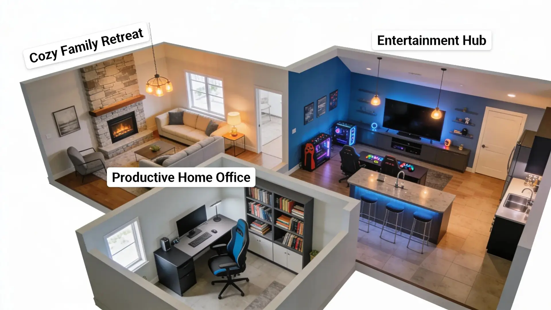 Custom basement finishing options including family space, home office, and entertainment area reflecting modern renovation designs