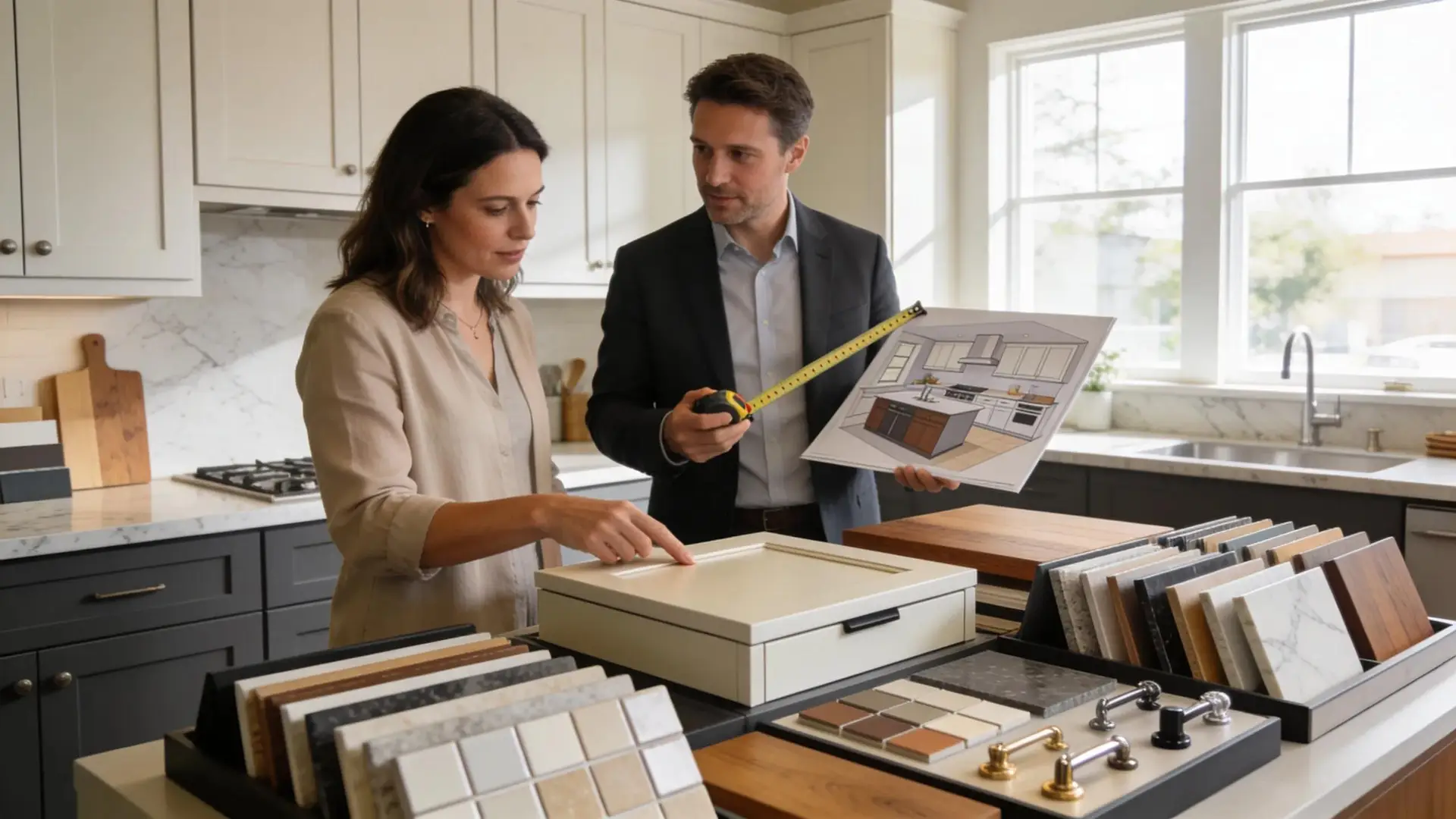 Homeowner consulting with a designer on kitchen renovation ideas with material samples