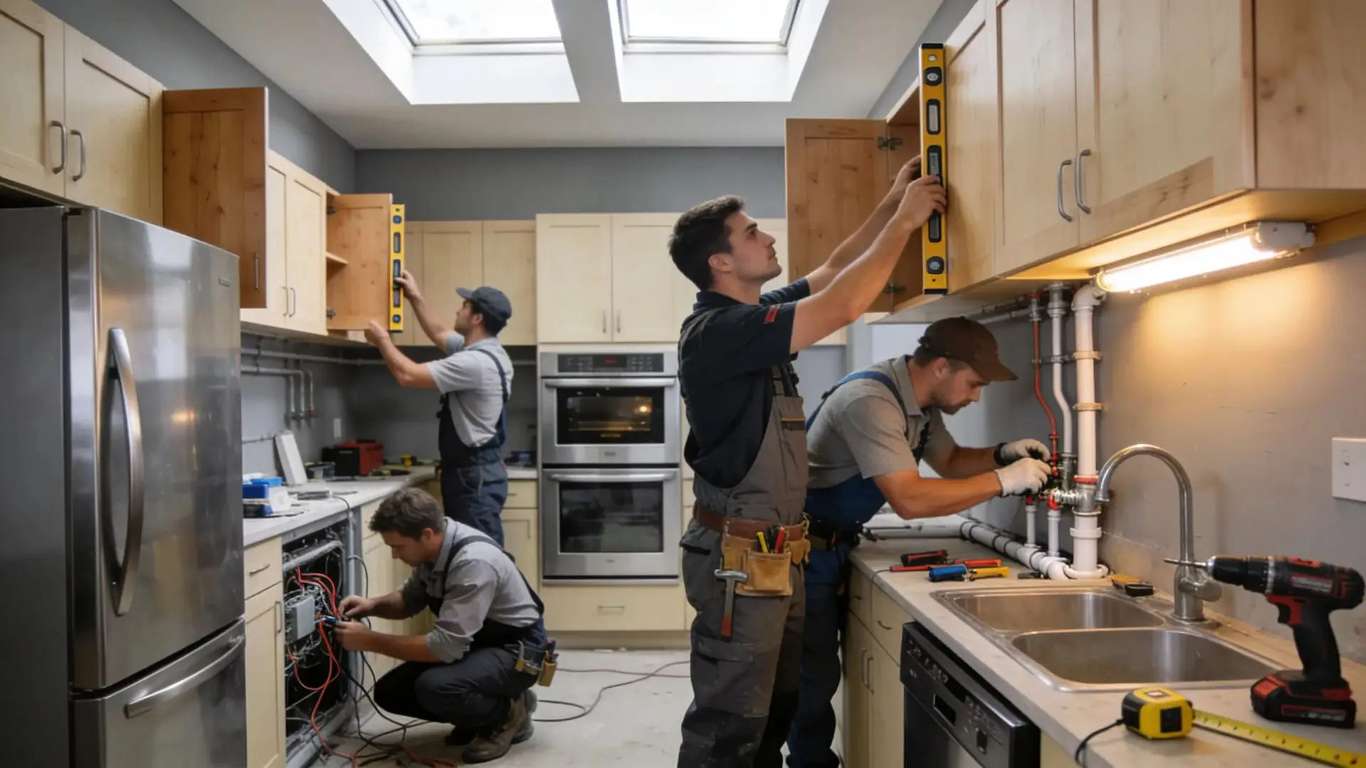 Licensed contractors collaborating during a kitchen renovation project
