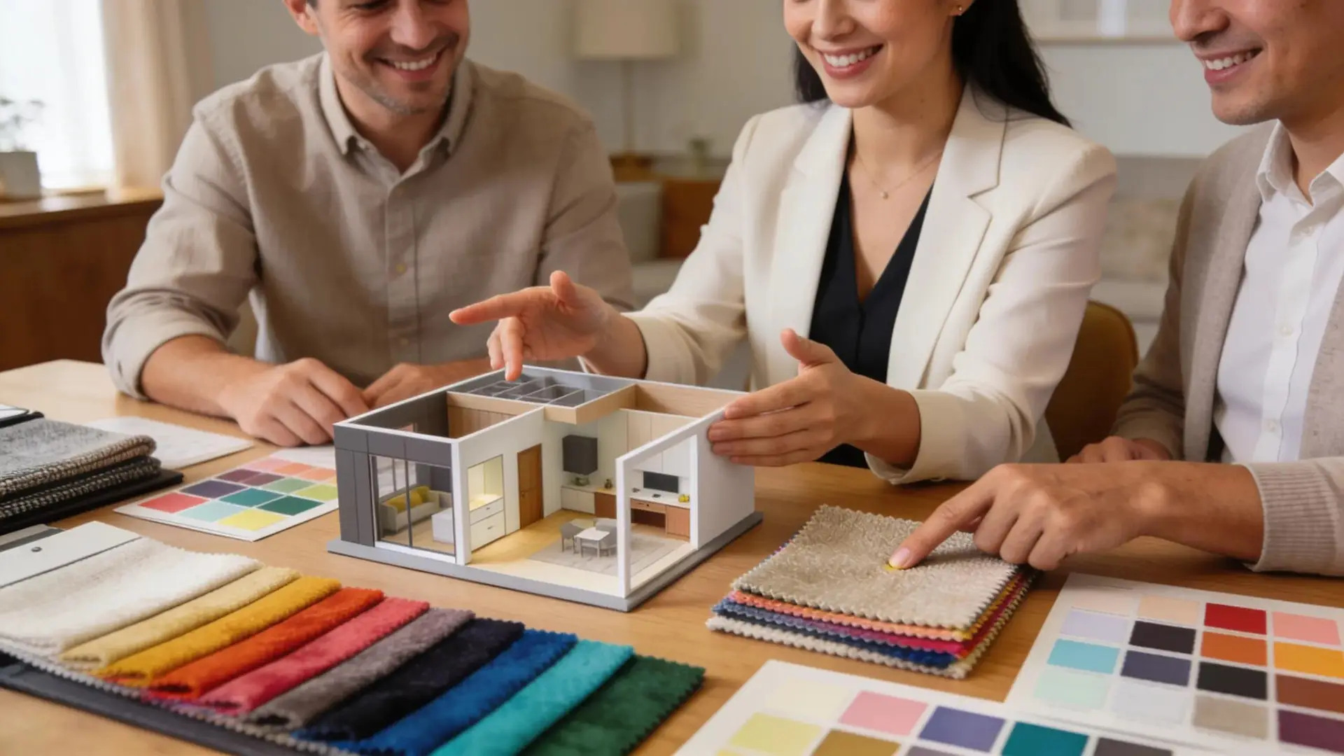 Homeowners and designer collaborating on a personalized renovation project with design materials