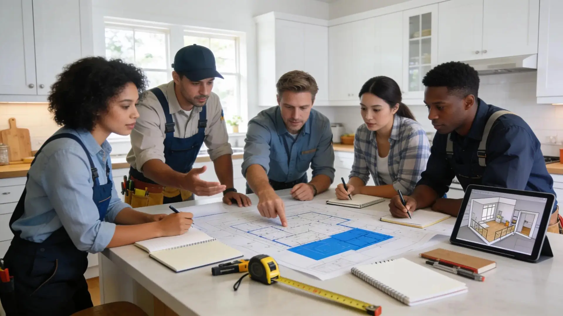 Professionals collaborating on a kitchen renovation project with blueprints and tools