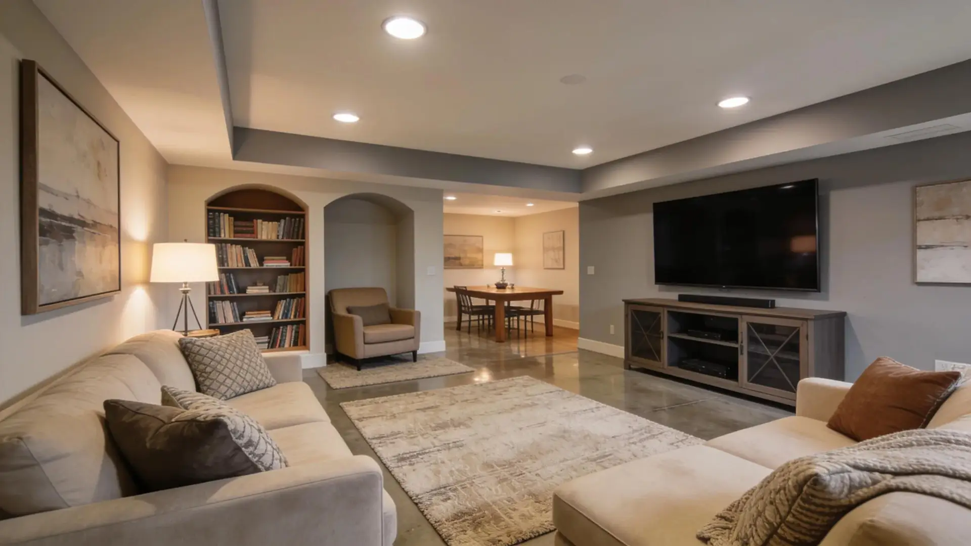 Stylish finished basement demonstrating multifunctional living space potential