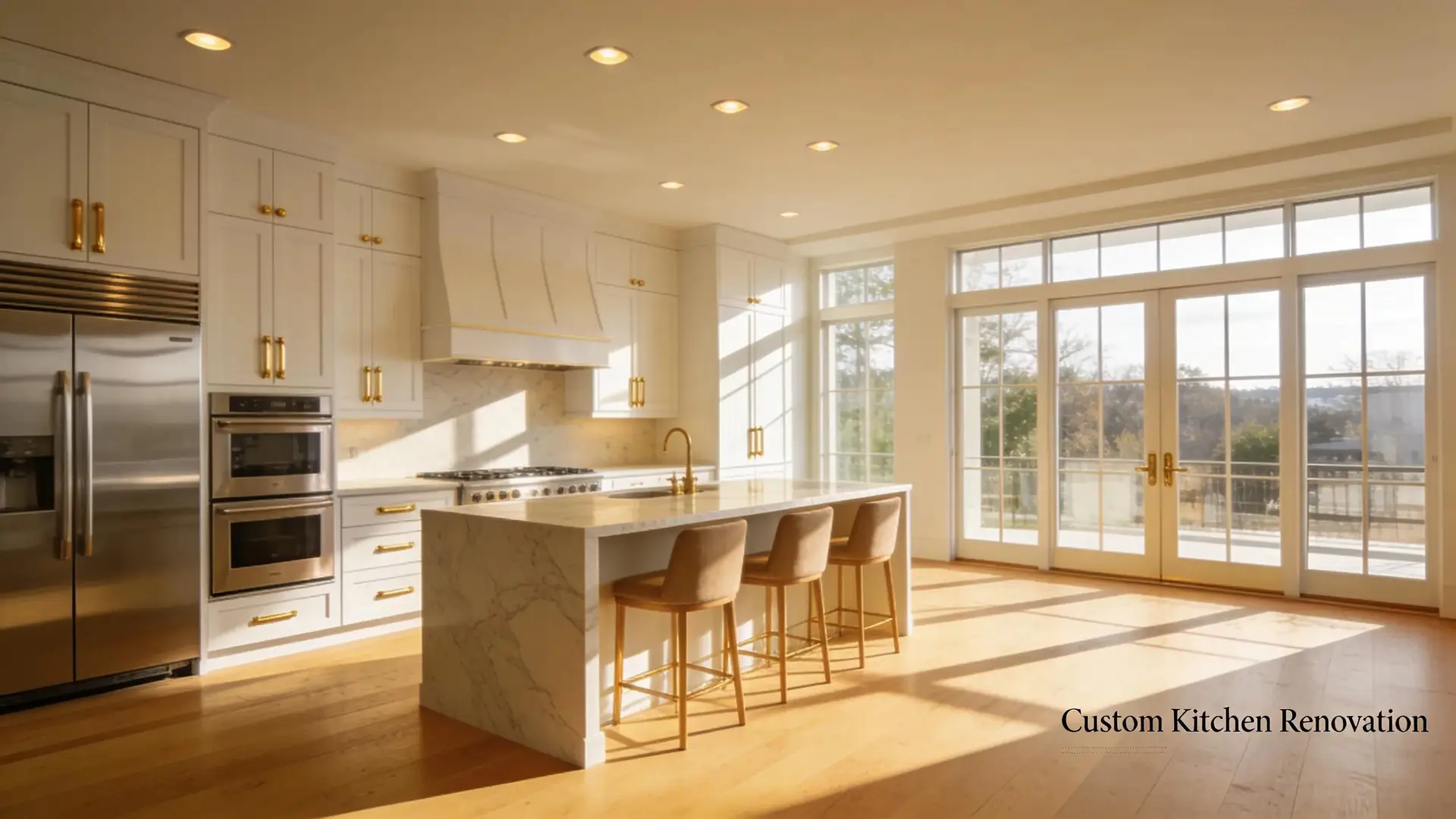 Custom kitchen renovation with large windows and island seating, showcasing RenosGroup's Ottawa remodeling expertise.
