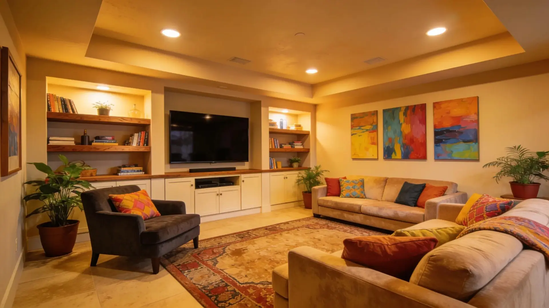 Finished basement transformed into a family entertainment area with stylish decor