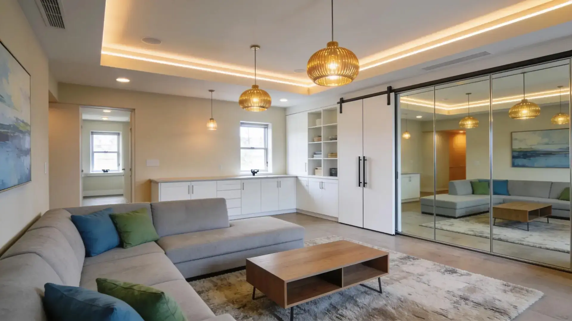 Finished basement space illustrating functionality and aesthetic improvement from renovations