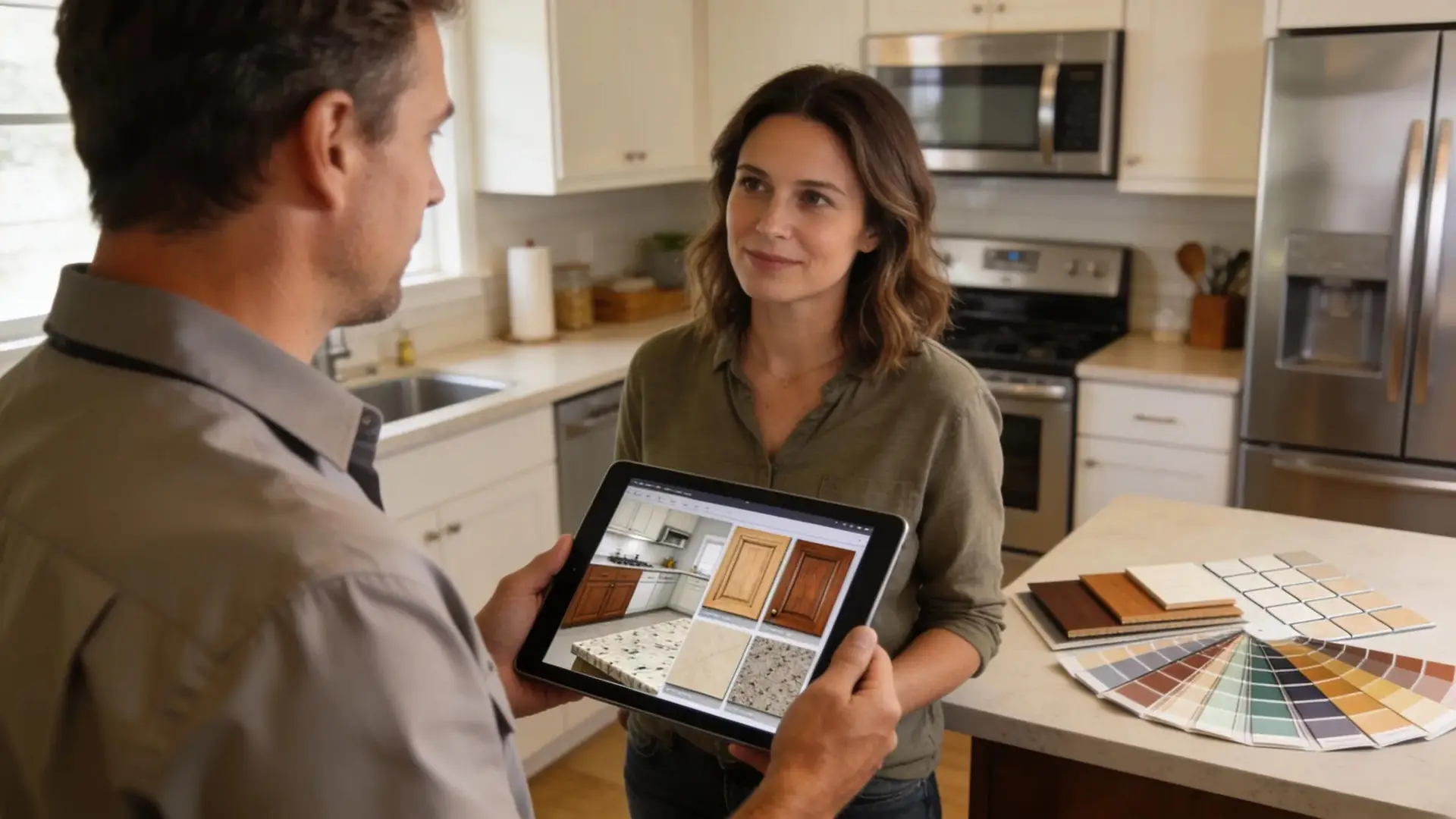 Contractor consulting with homeowner on kitchen design
