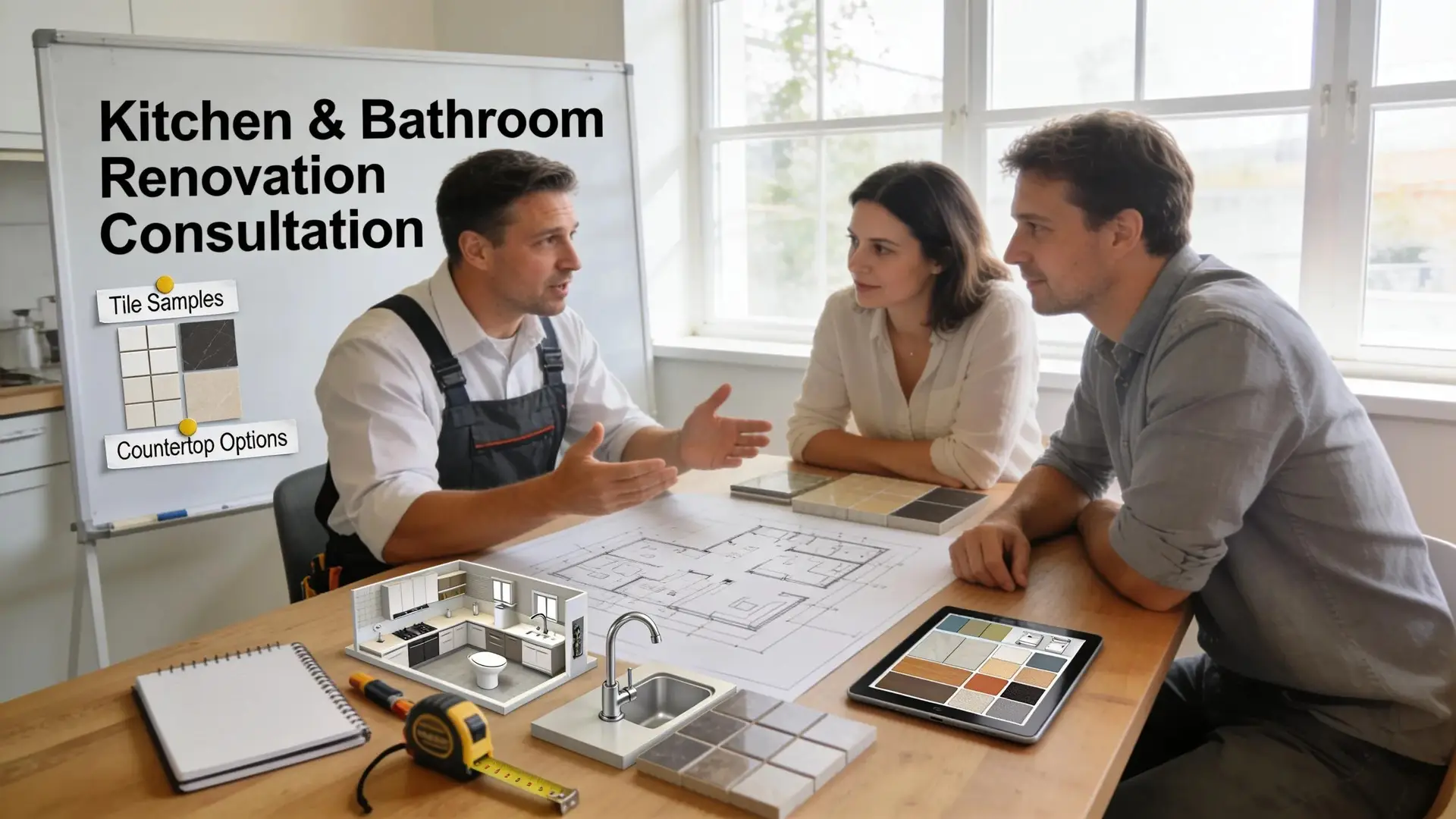 Contractor collaborating with homeowners on kitchen and bathroom renovation plans