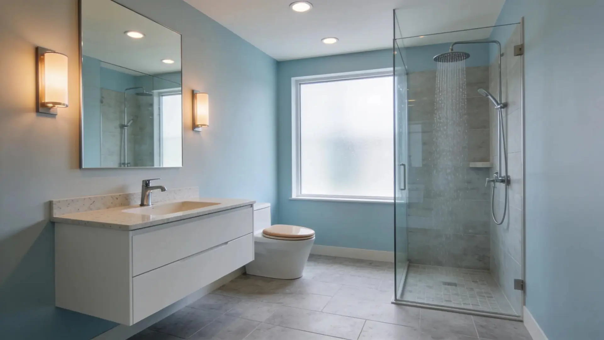 Functional and aesthetic bathroom design showing modern fixtures and non-slip flooring