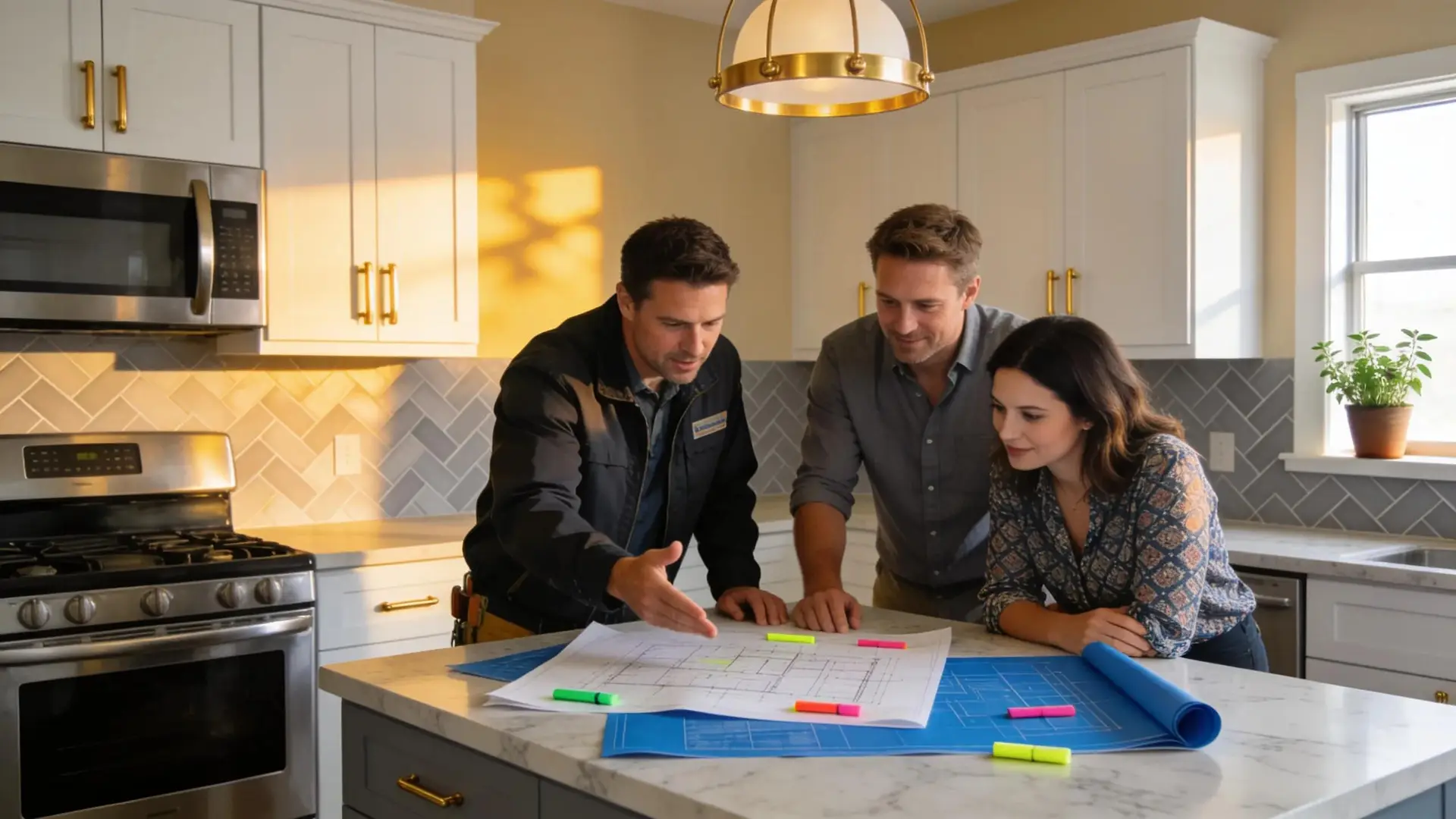 Contractor consulting with homeowners in a renovated kitchen, showcasing modern design elements