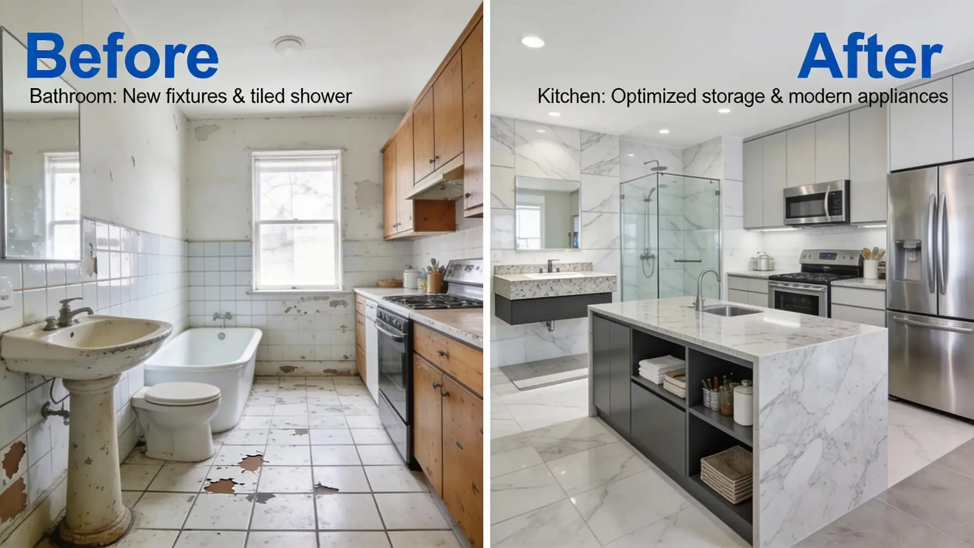 Before-and-after kitchen and bathroom renovations demonstrating value and quality