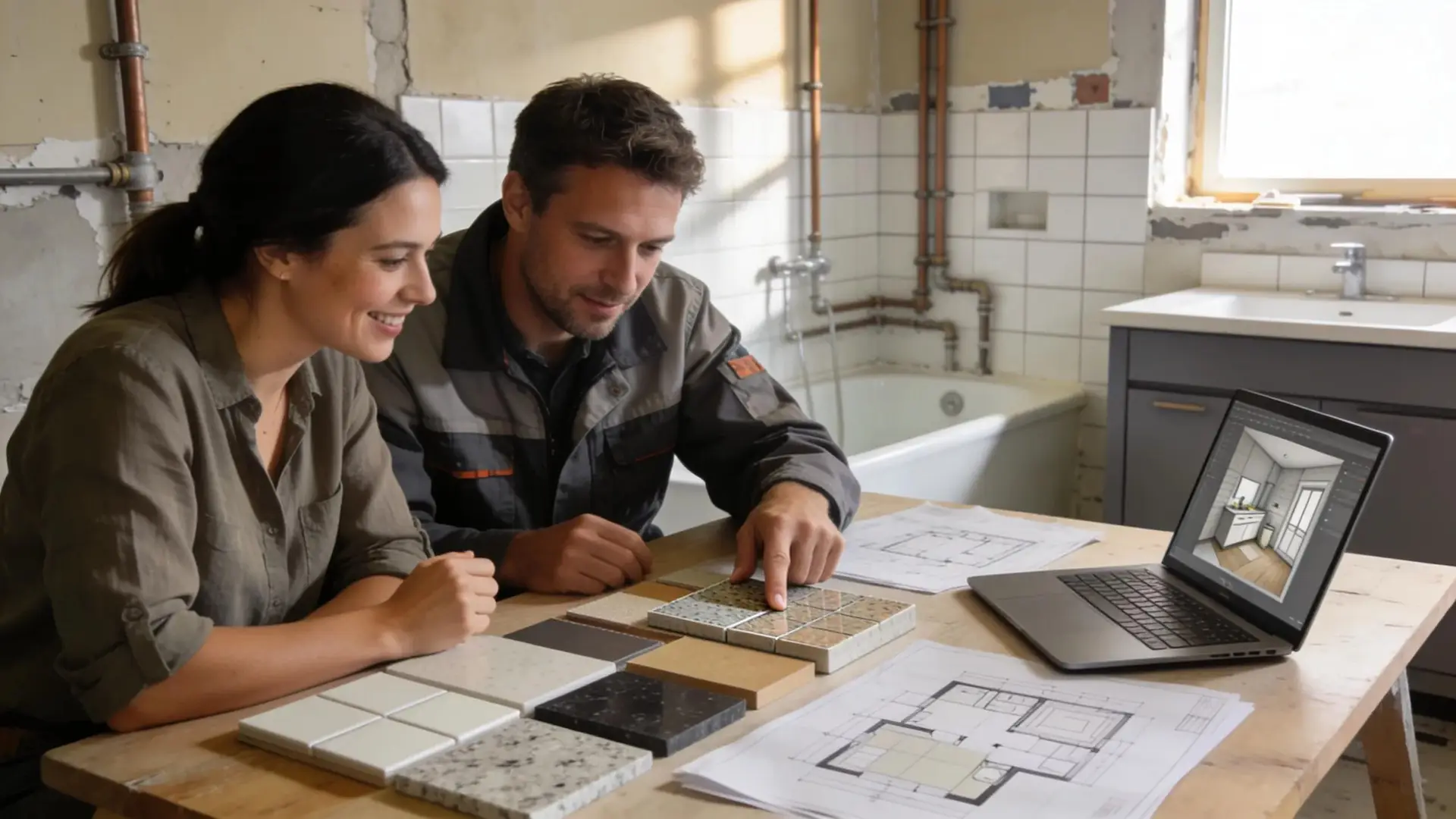Homeowner consulting with a contractor in a bathroom renovation setting