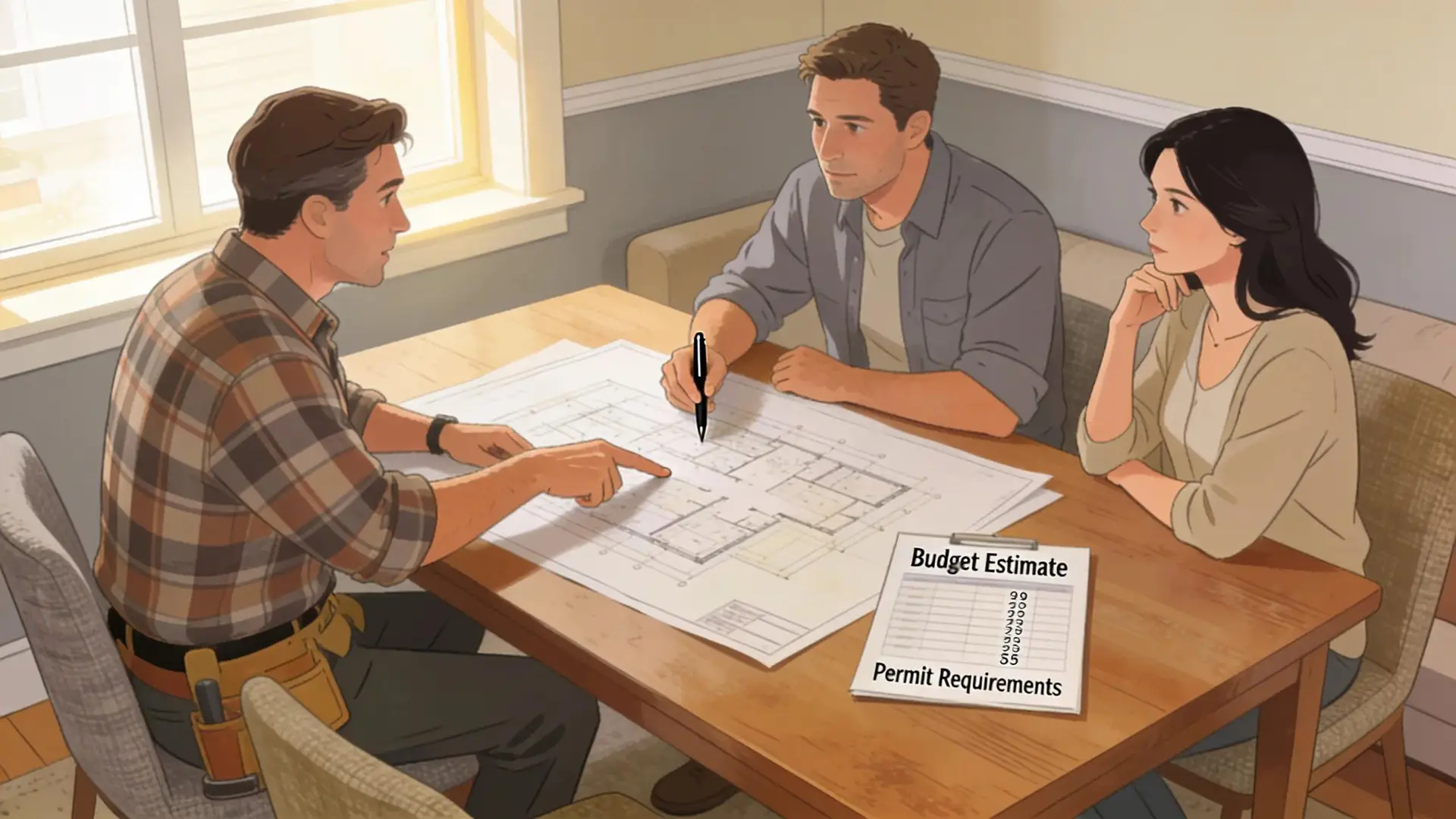 Homeowners discussing remodeling challenges with a contractor, illustrating the complexities of home renovations