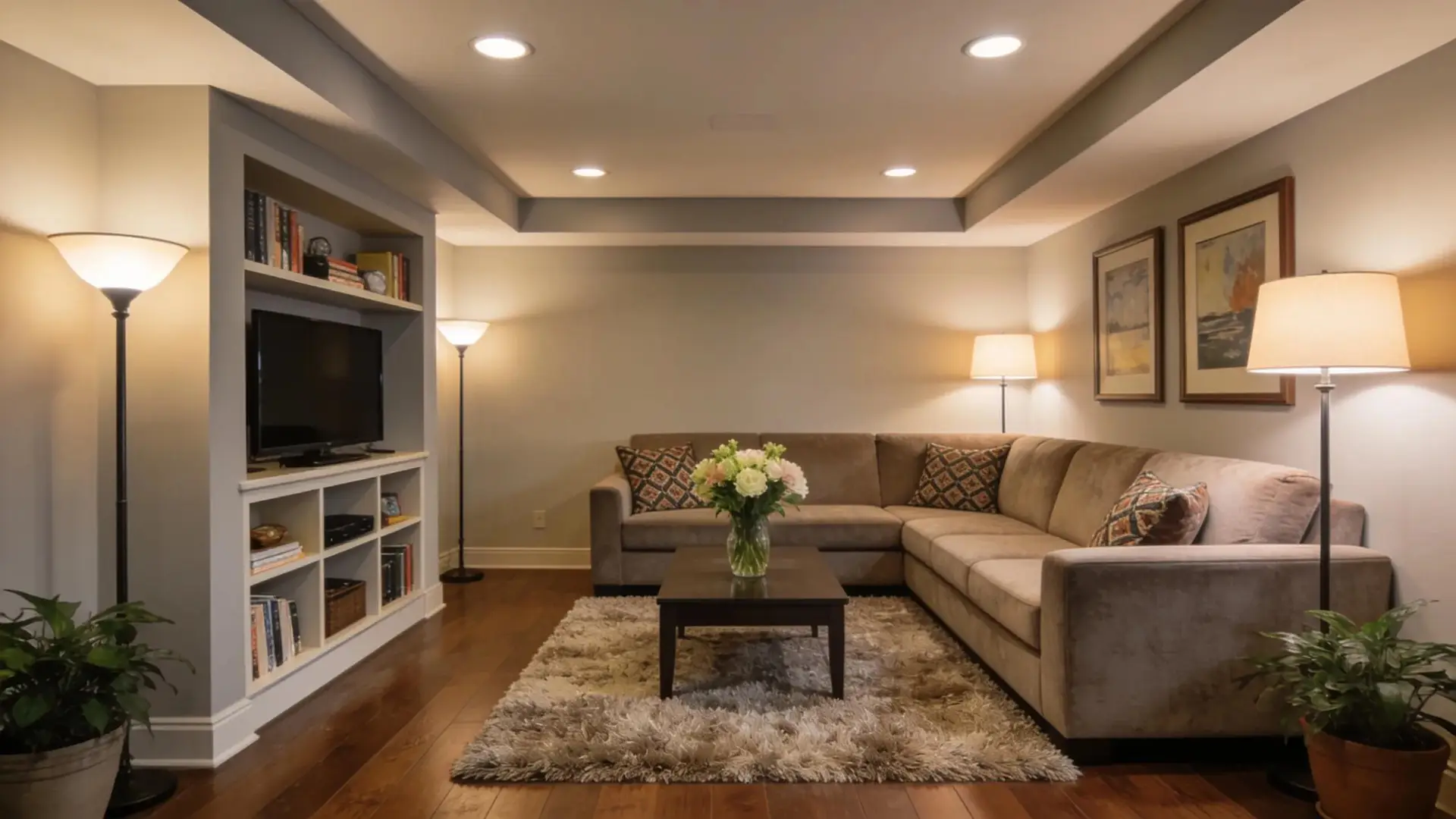 Professionally finished basement transforming into a cozy entertainment area for families