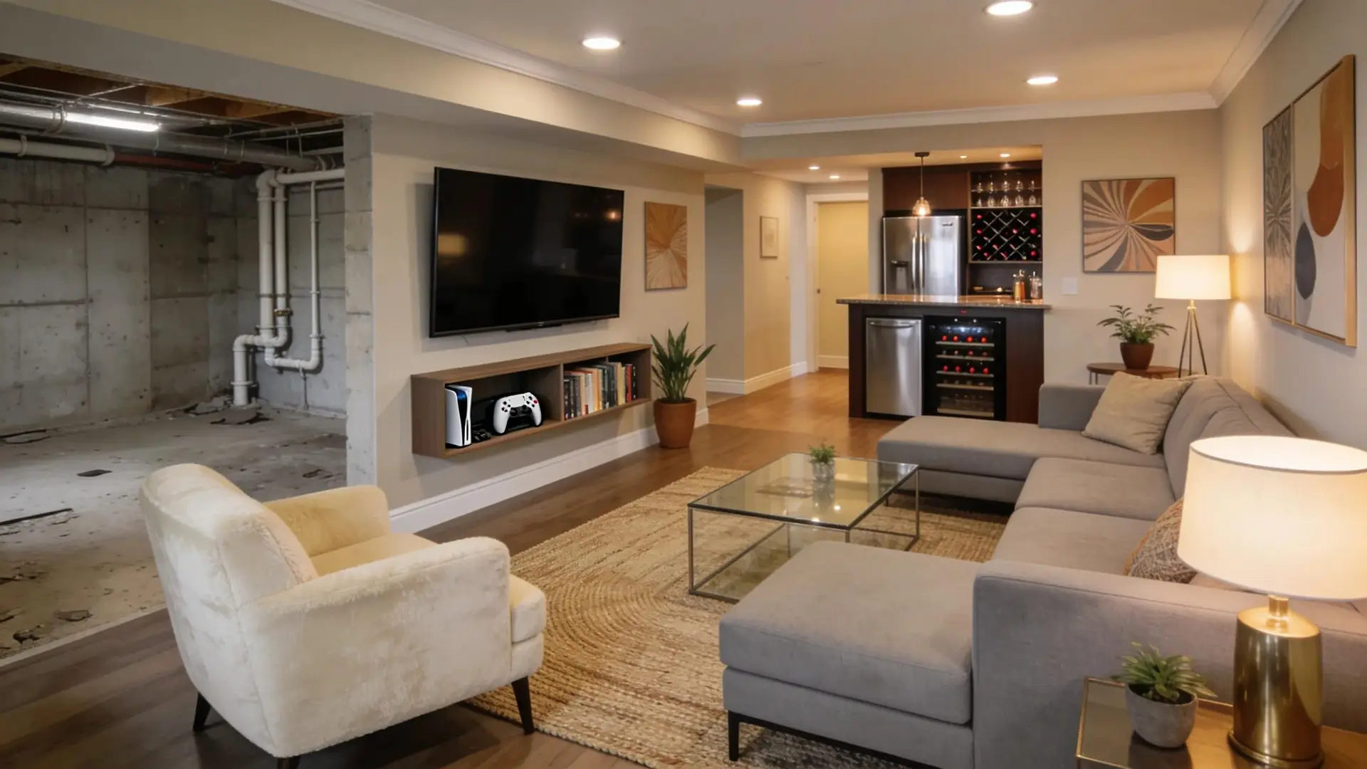 Transformed basement living space showcasing modern design and functionality