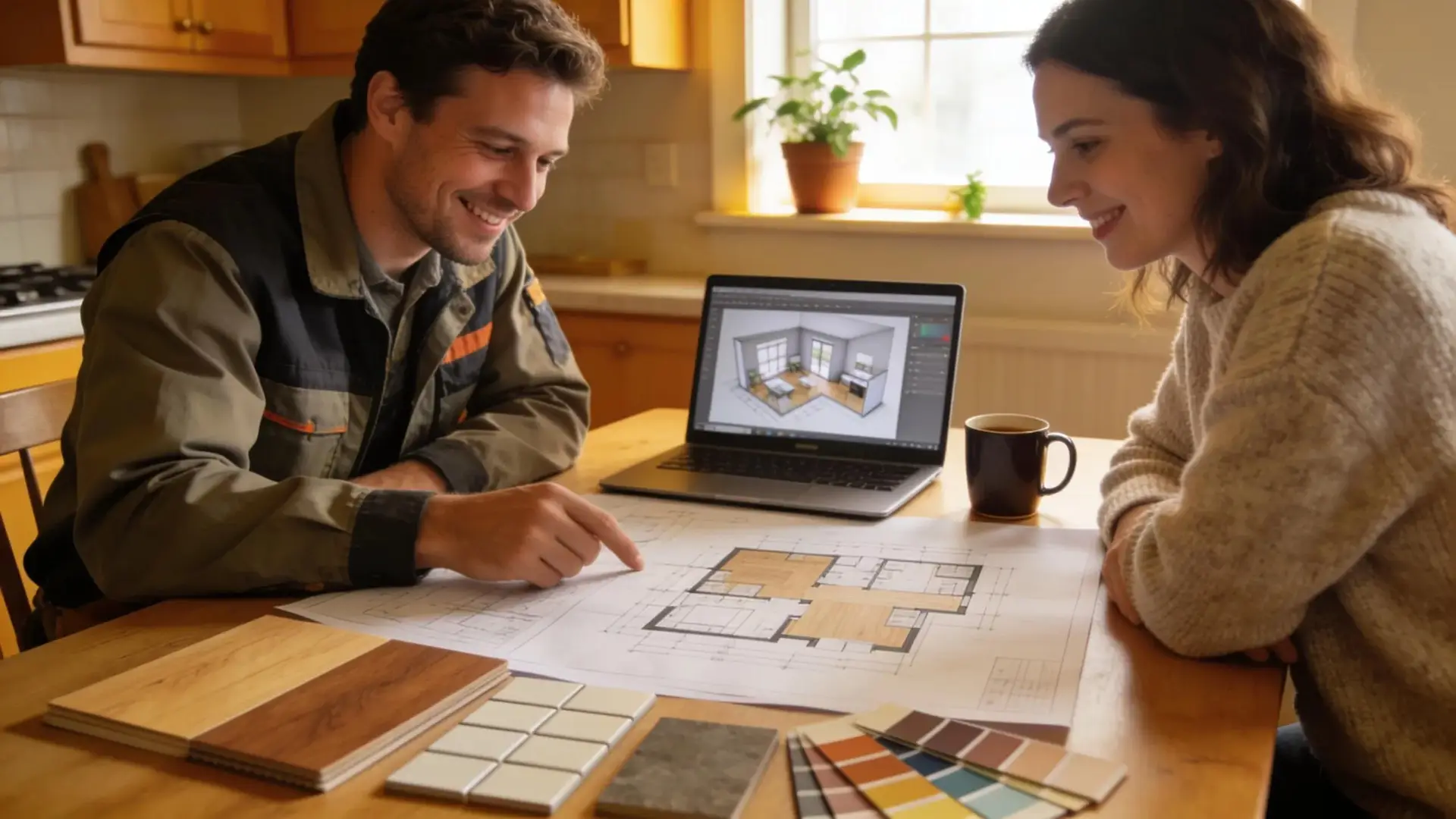 Local contractor guiding homeowner on custom renovations in a welcoming kitchen