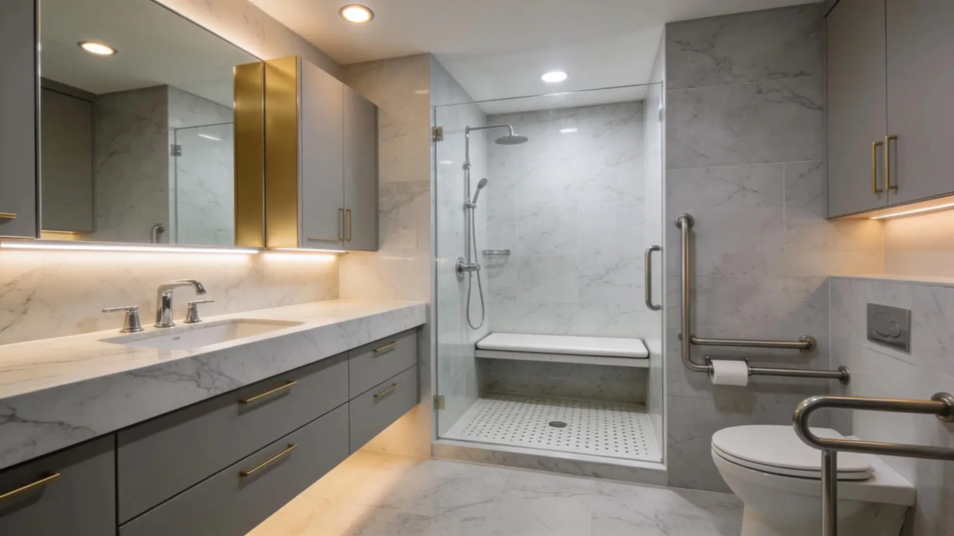 Stylish bathroom renovation with modern fixtures and accessibility features for enhanced usability