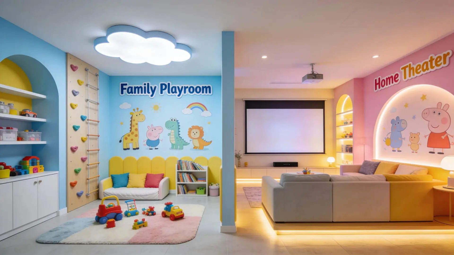 Stylishly renovated basement featuring a playroom and home theatre area