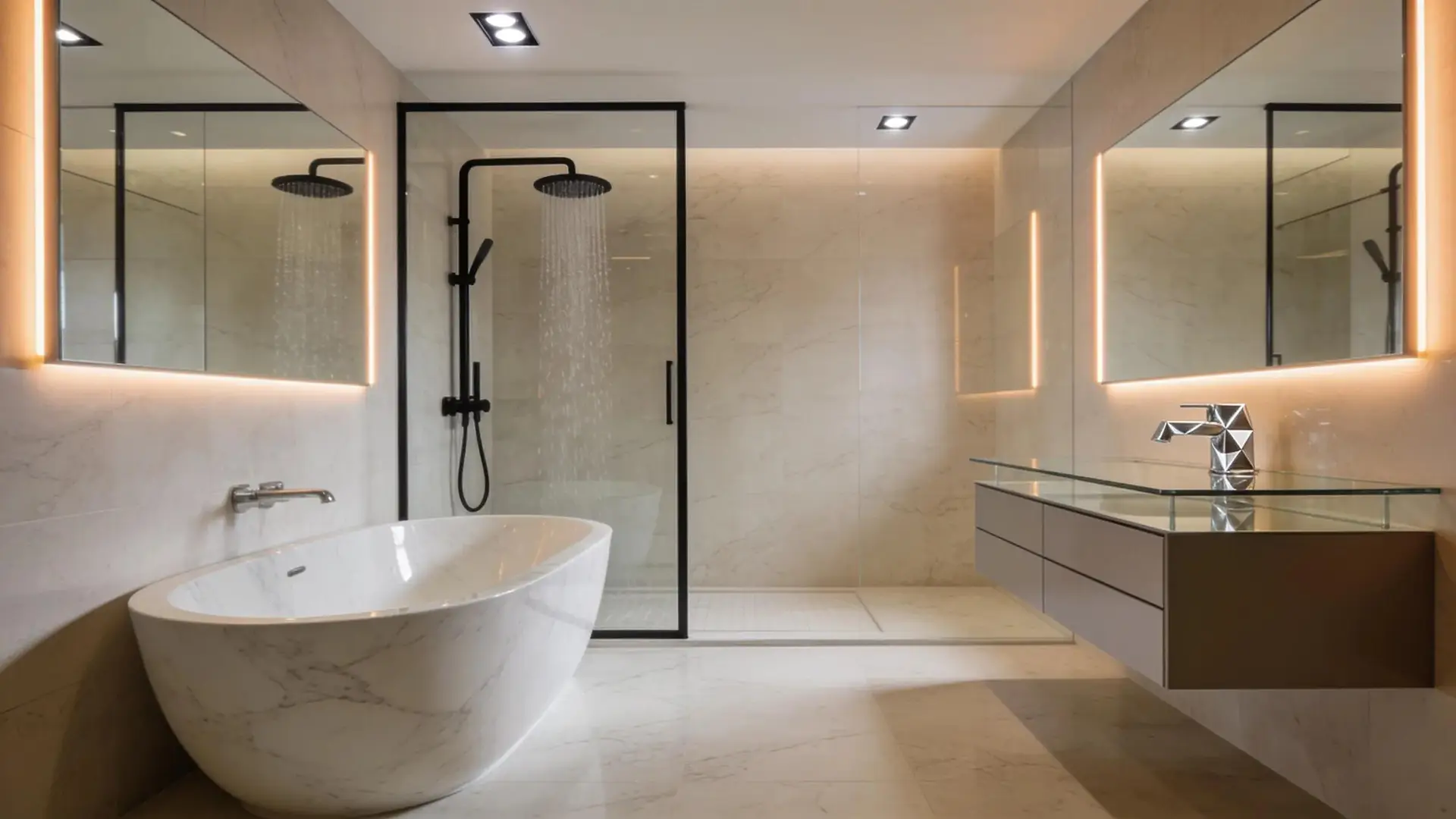 Luxurious modern bathroom with soaking tub and rain shower, emphasizing quality renovation features