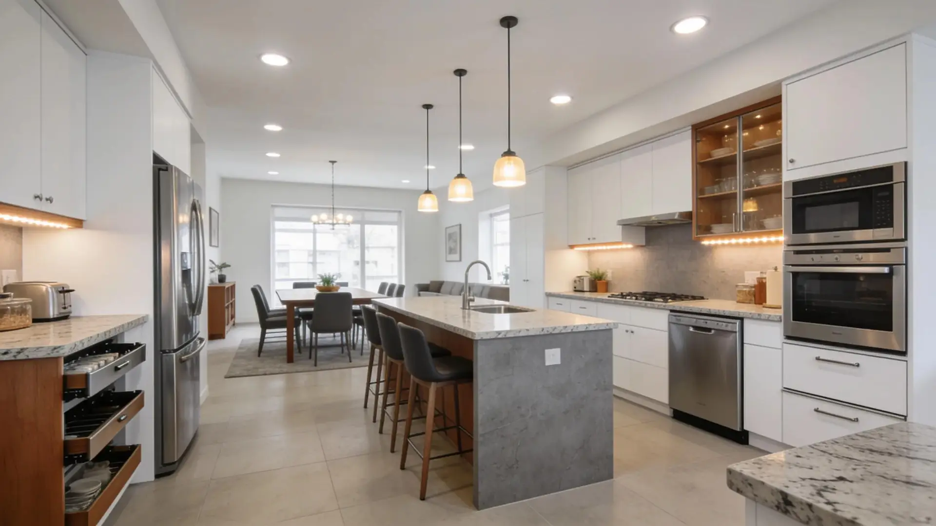 Open-concept kitchen showcasing effective design considerations with modern appliances and functional layouts.