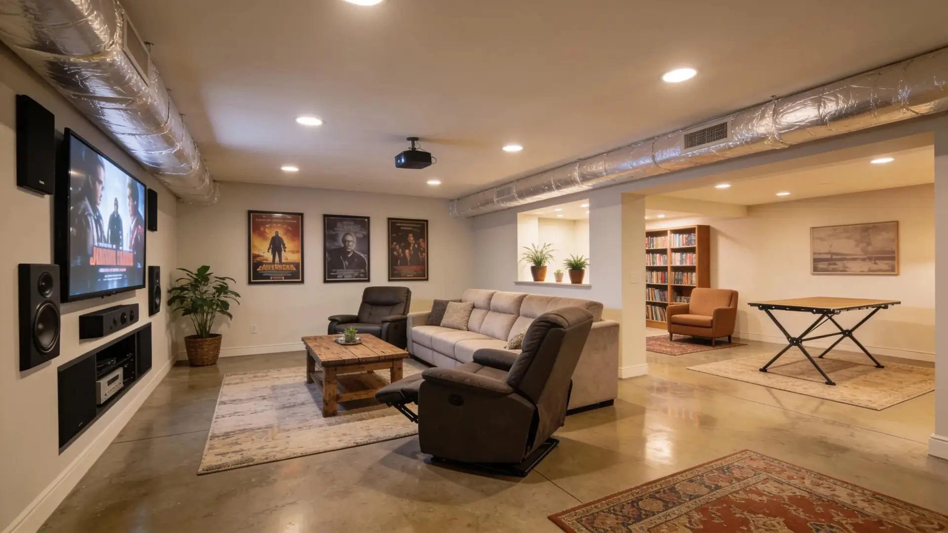 Versatile finished basement designed for family entertainment and relaxation with comfortable seating