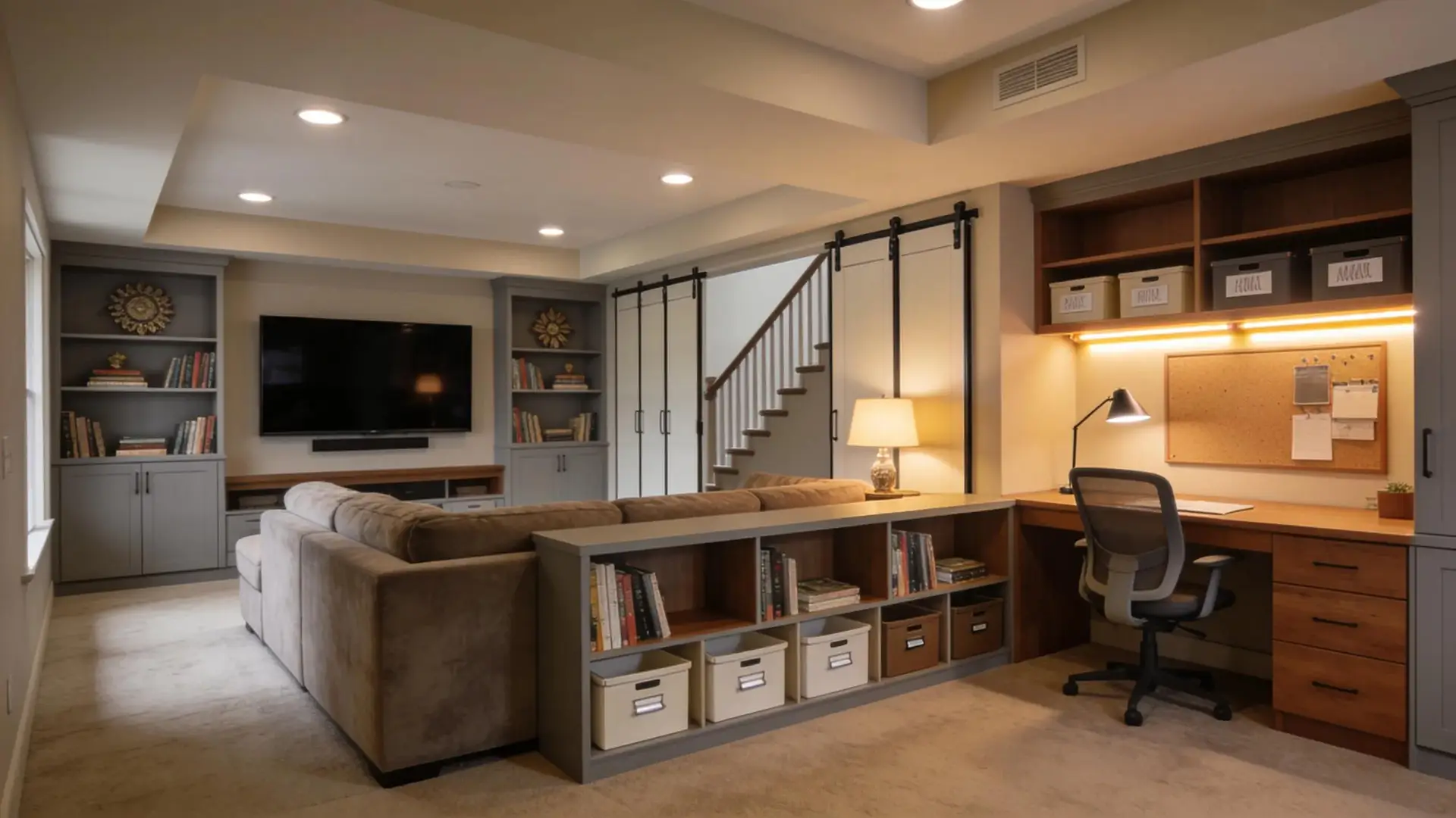 Finished basement with cozy media area and home office, showcasing versatile design and comfort